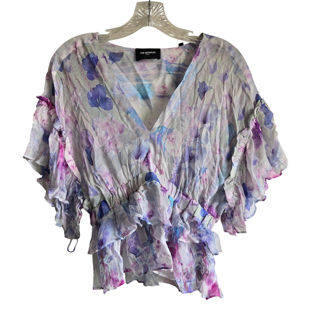 The Kooples 1 Floral Ruffle Blouse Womens Purple Excellent V-Neck Peplum Top